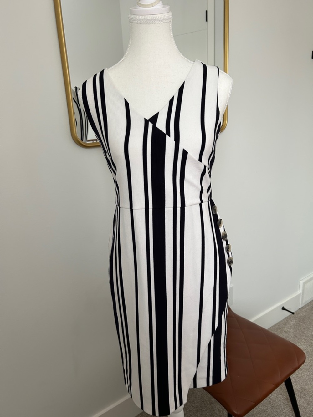 navy & White Striped V-Neck Sheath Dress
